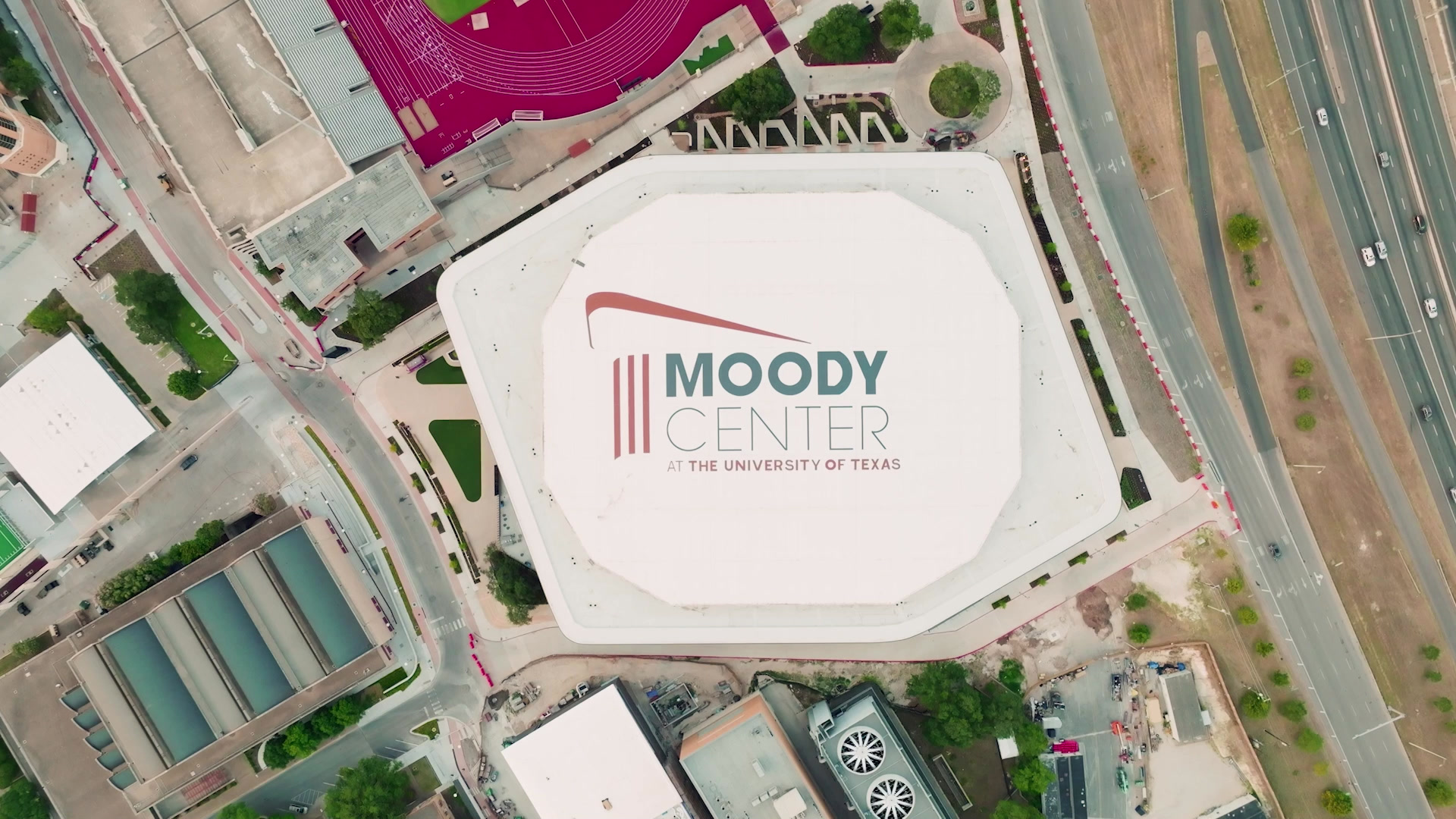 Aerial view of the Moody Center roof in Texas Roofing’s project portfolio